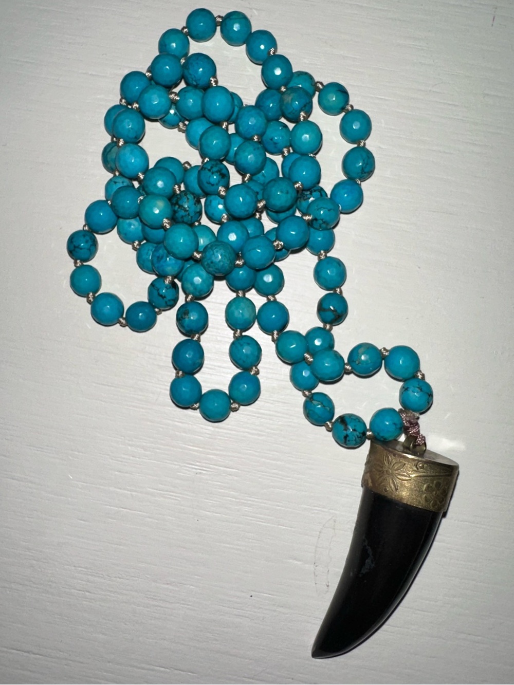 Long Turquoise Beaded Pendant Necklace with Black Shark Tooth